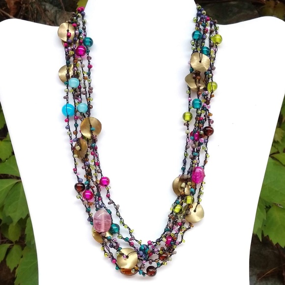 Jewelry - Glass, shell & seed bead necklace on thread